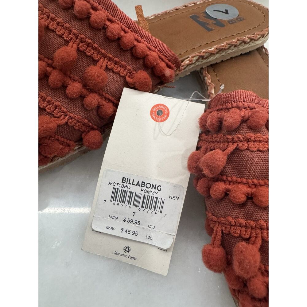 Billabong Women's Pom Pom Slide Sandals Rust Textile Size 7 Casual - Picture 3 of 6